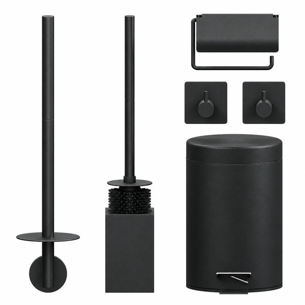 5-Delige Zwarte Vierkante Toiletset - Wandgemonteerde Toiletrolhouder voor 3 Rollen & Hangende Toiletrolhouder met Beschermkap - Toiletborstelhouder, Prullenbak & Muurhaken
