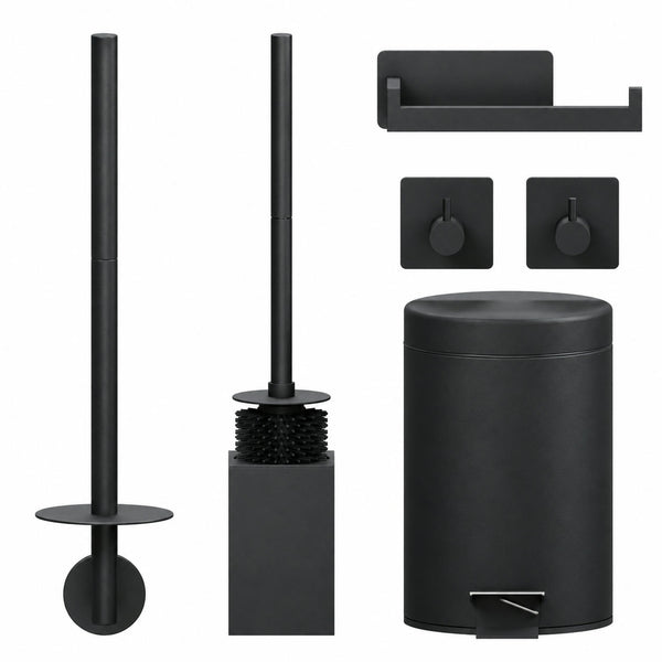 5-Delige Zwarte Vierkante Toiletset - Wandgemonteerde Toiletrolhouder voor 3 Rollen & Zelfklevende Toiletrolhouder - Toiletborstelhouder, Prullenbak & Muurhaken