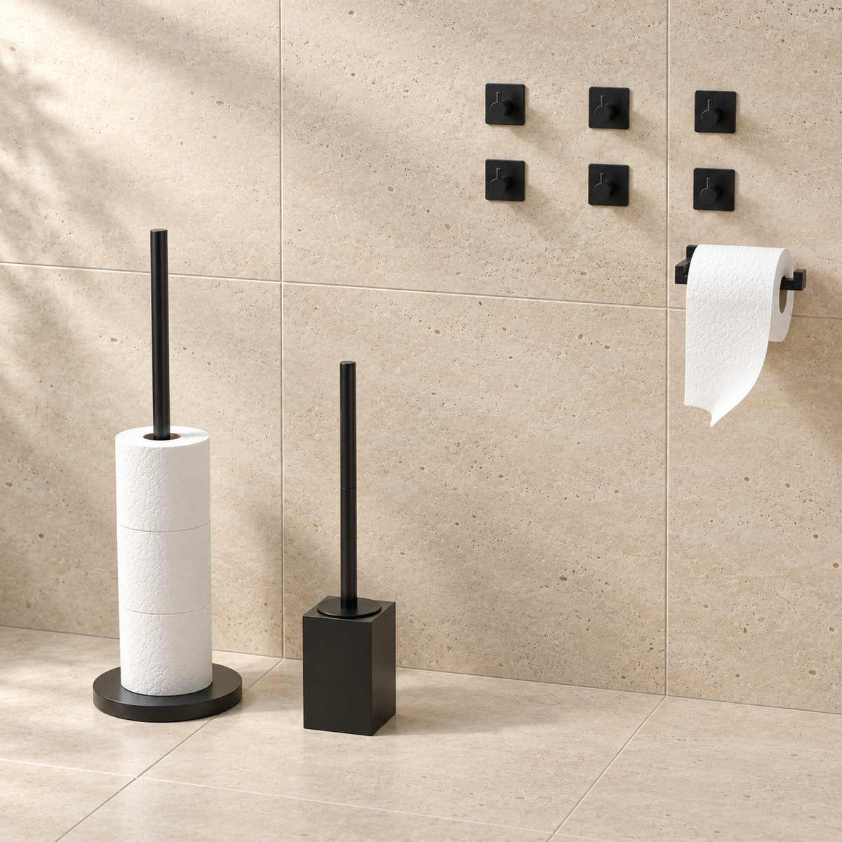4-Piece Black Toilet Set - Standing Toilet Roll Holder for 5 Extra Rolls & Hanging Toilet Roll Holder - Toilet Brush Holder & Wall Hooks