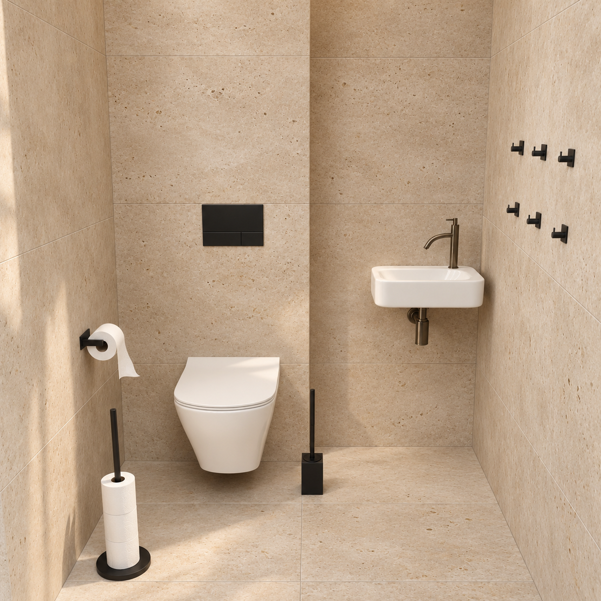 4-Piece Black Toilet Set - Standing Toilet Roll Holder for 5 Extra Rolls & Hanging Toilet Roll Holder - Toilet Brush Holder & Wall Hooks