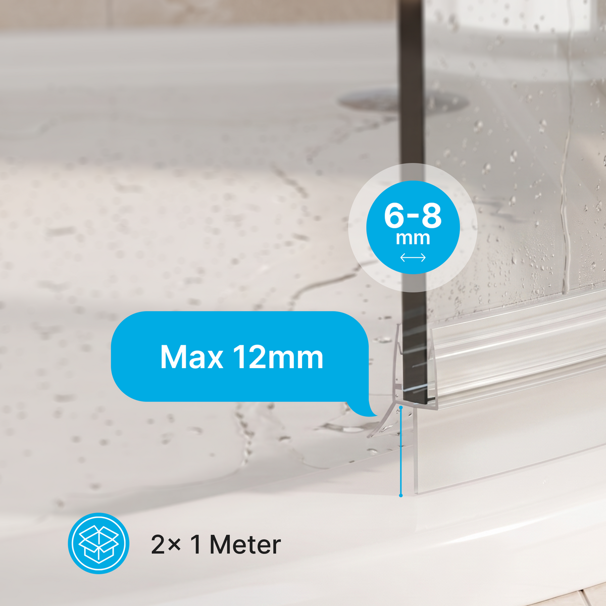 Duschdichtung mit Wasserabweiser, 2 × 1 m, für 6–8 mm Glas