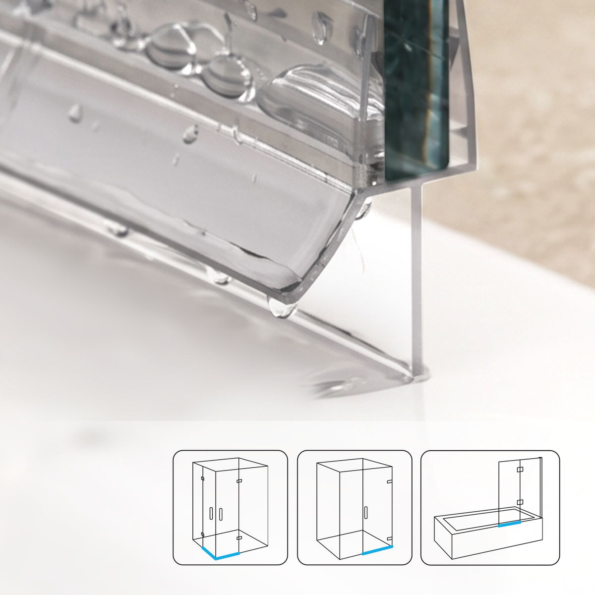 Duschdichtung mit Wasserabweiser, 2 × 1 m, für 8–10 mm Glas