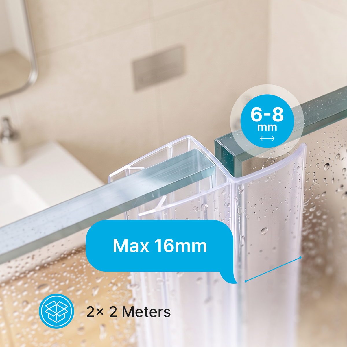 Vertikale Duschdichtung U-Profil, 2 × 200 cm, für 6–8 mm Glas