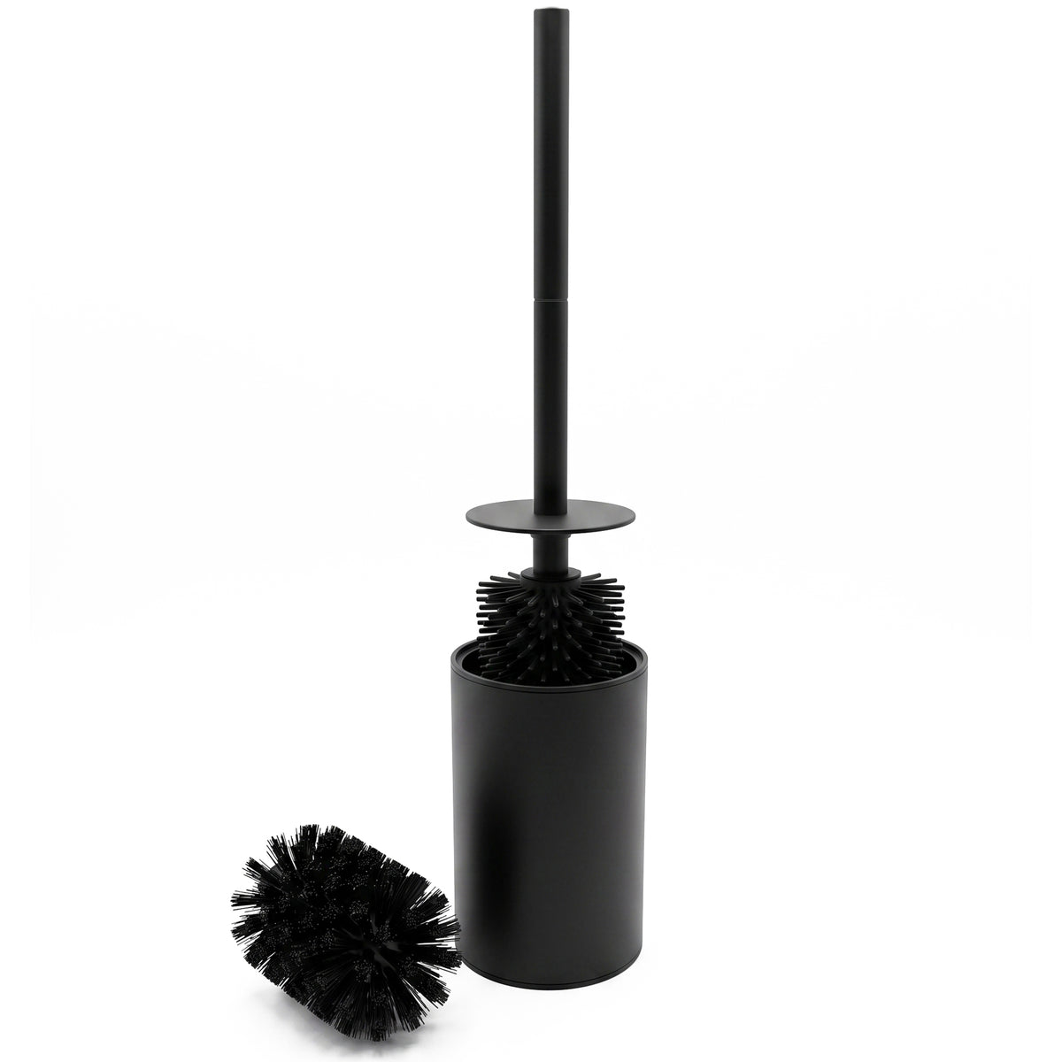 5-Piece Black Toilet Set - Self-Adhesive Reserve Roll Holder &amp; Elevated Free-Standing Toilet Roll Holder for 5 Rolls - Toilet Brush Holder, Trash Bin &amp; Wall Hooks