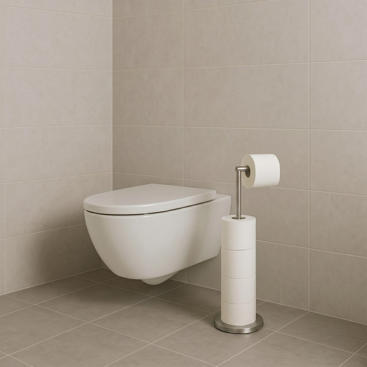 Staande toiletrolhouder 2 in 1 voor 5 rollen, met click up arm en verzwaarde voet