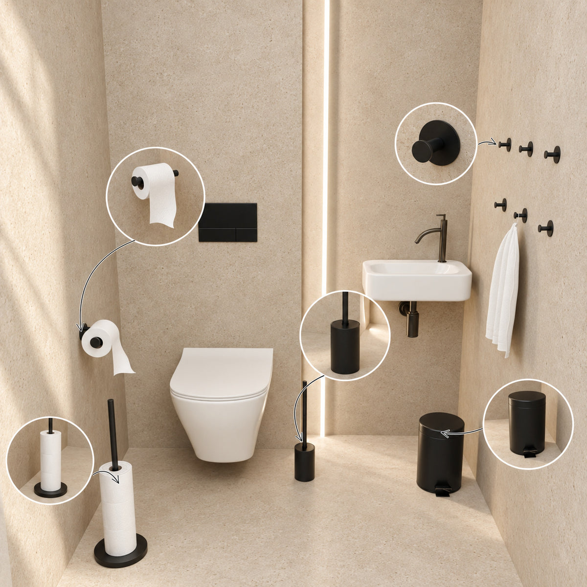 5-Piece Black Toilet Set - Self-Adhesive Reserve Roll Holder &amp; Free-Standing Toilet Roll Holder for 5 Rolls - Toilet Brush Holder, Trash Bin &amp; Wall Hooks