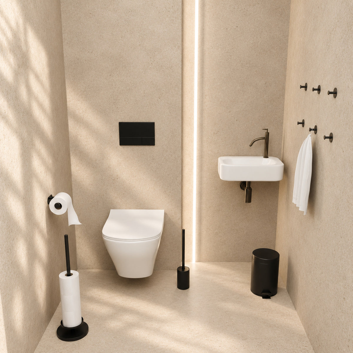 Toiletset Zwart 5-Delig - Zelfklevende Reserverolhouder & Verhoogde Vrijstaande Toiletrolhouder voor 5 Rollen - Toiletborstelhouder, Pedaalemmer en Handdoekhaakjes - Toiletaccessoireset