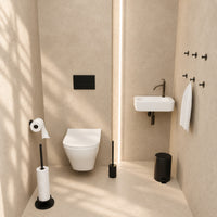 Toiletset Zwart 5-Delig - Zelfklevende Reserverolhouder & Verhoogde Vrijstaande Toiletrolhouder voor 5 Rollen - Toiletborstelhouder, Pedaalemmer en Handdoekhaakjes - Toiletaccessoireset