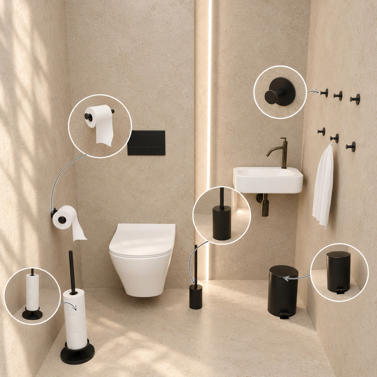 Toiletset Zwart 5-Delig - Zelfklevende Reserverolhouder & Verhoogde Vrijstaande Toiletrolhouder voor 5 Rollen - Toiletborstelhouder, Pedaalemmer en Handdoekhaakjes - Toiletaccessoireset