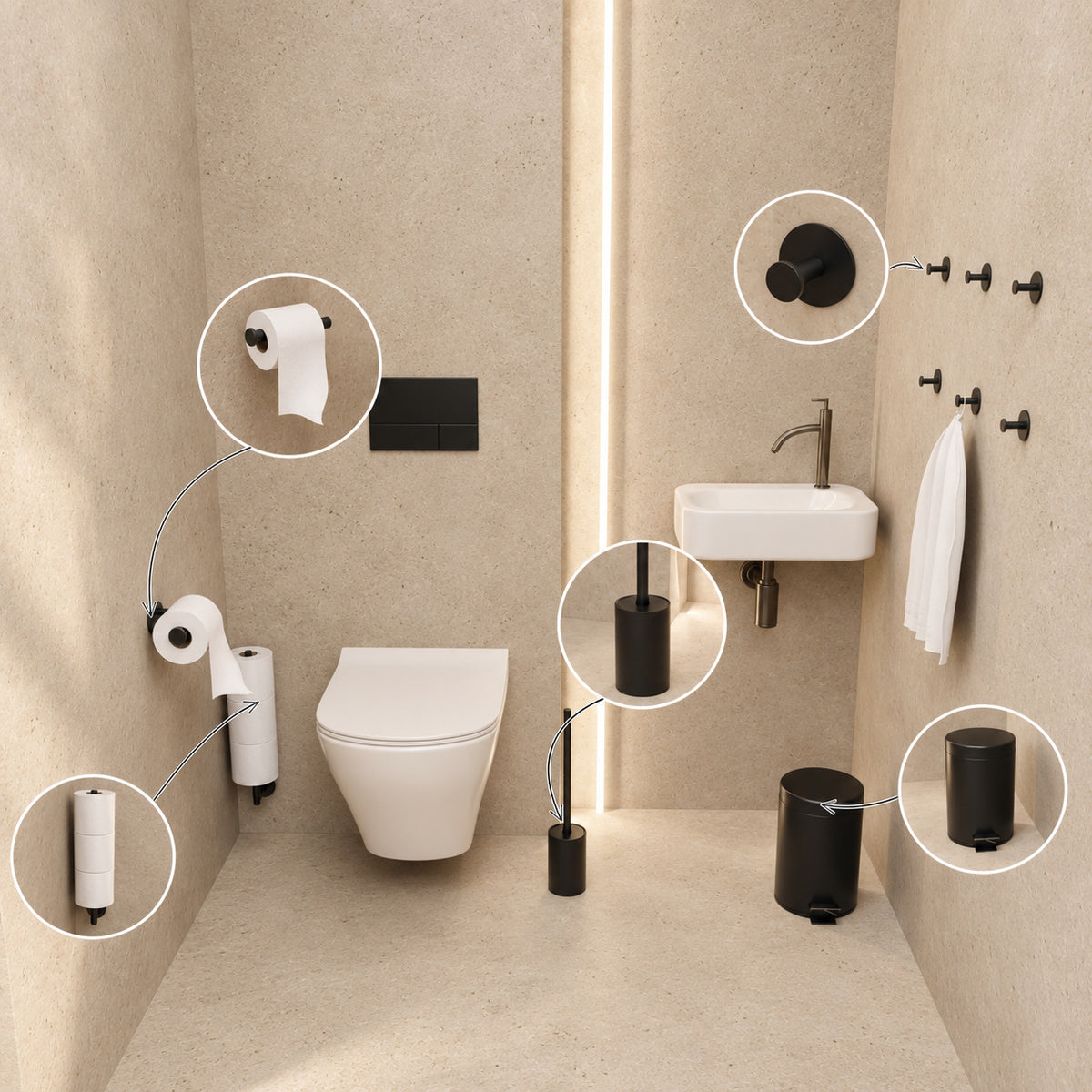5-Piece Black Toilet Set - Self-Adhesive Reserve Roll Holder &amp; Wall-Mounted Reserve Roll Holder for 3 Rolls - Toilet Brush Holder, Trash Bin &amp; Wall Hooks