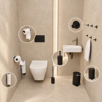 5-Piece Black Toilet Set - Self-Adhesive Reserve Roll Holder &amp; Wall-Mounted Reserve Roll Holder for 3 Rolls - Toilet Brush Holder, Trash Bin &amp; Wall Hooks