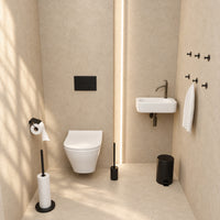 5-teiliges schwarzes WC-Set - Ersatzrollenhalter mit Abdeckung & freistehender Toilettenpapierhalter für 5 Rollen - WC-Bürstenhalter, Mülleimer & Wandhaken