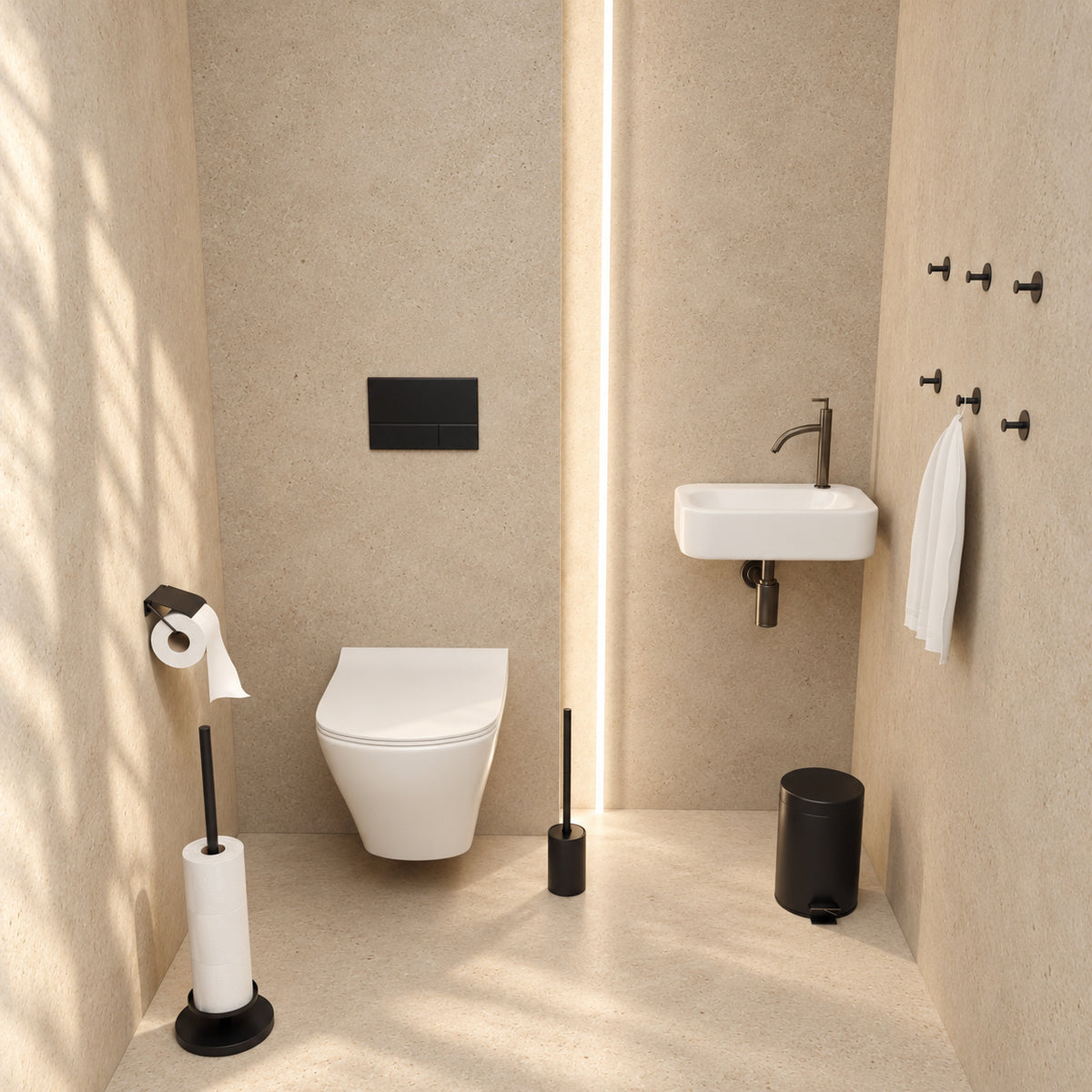 5-teiliges schwarzes WC-Set - Ersatzrollenhalter mit Abdeckung & erhöhter freistehender Toilettenpapierhalter für 5 Rollen - WC-Bürstenhalter, Mülleimer & Wandhaken