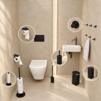 5-teiliges schwarzes WC-Set - Ersatzrollenhalter mit Abdeckung & erhöhter freistehender Toilettenpapierhalter für 5 Rollen - WC-Bürstenhalter, Mülleimer & Wandhaken