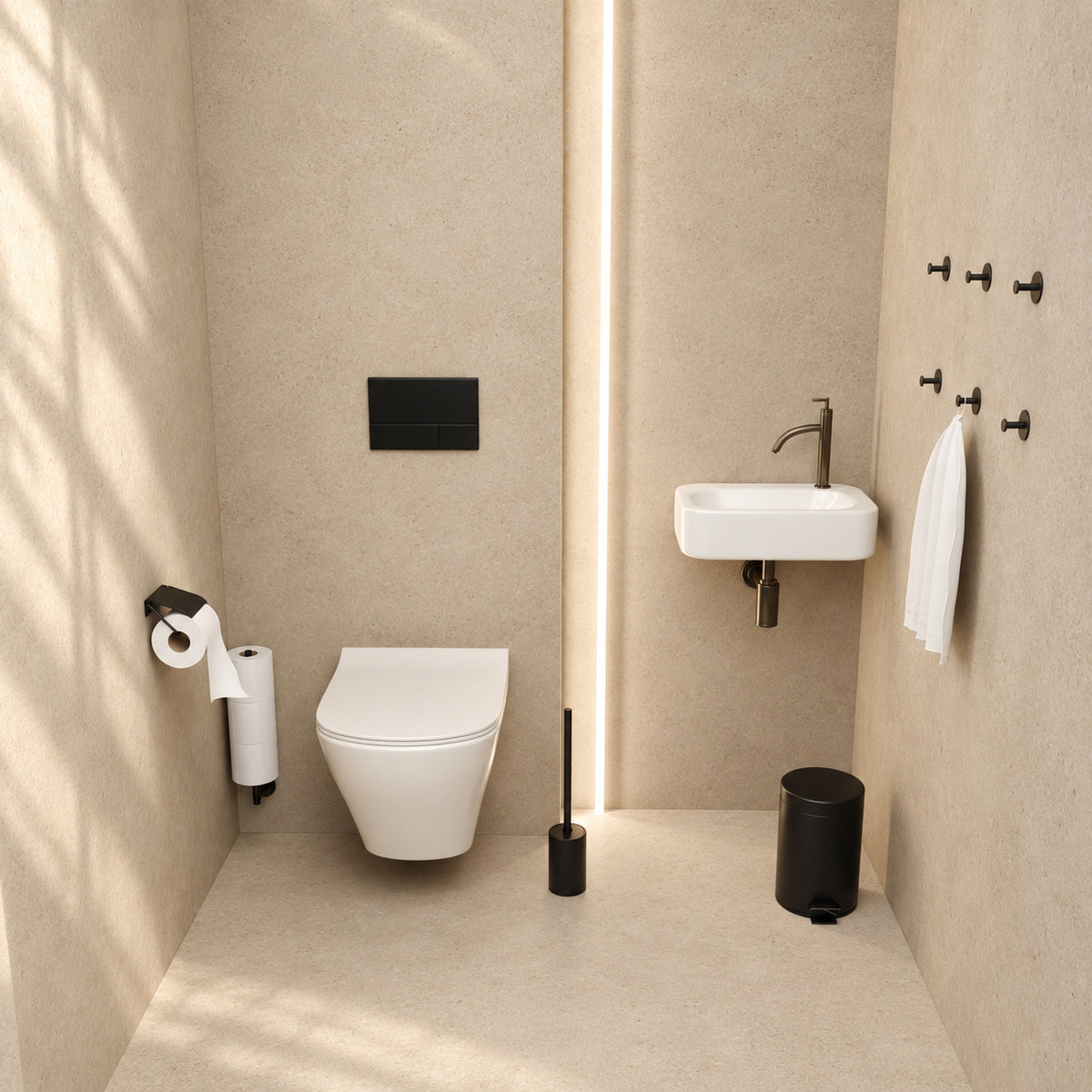 Toiletset Zwart 5-Delig - Reserverolhouder met Klepje & Hangende Reserverolhouder voor 3 Rollen - Toiletborstelhouder, Pedaalemmer en Handdoekhaakjes - Toiletaccessoireset