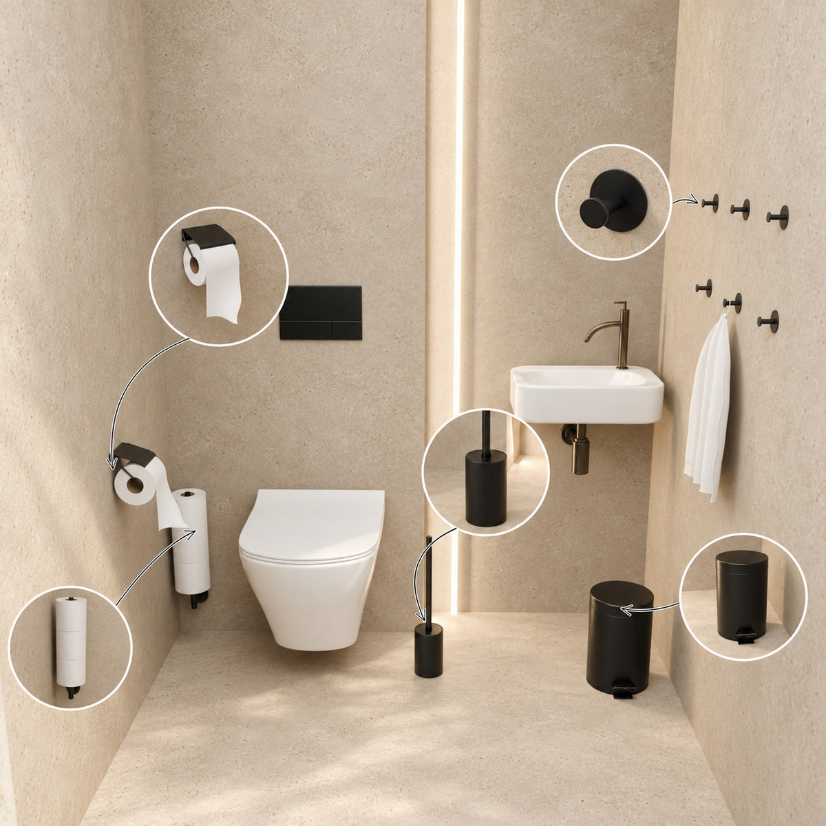 Toiletset Zwart 5-Delig - Reserverolhouder met Klepje & Hangende Reserverolhouder voor 3 Rollen - Toiletborstelhouder, Pedaalemmer en Handdoekhaakjes - Toiletaccessoireset
