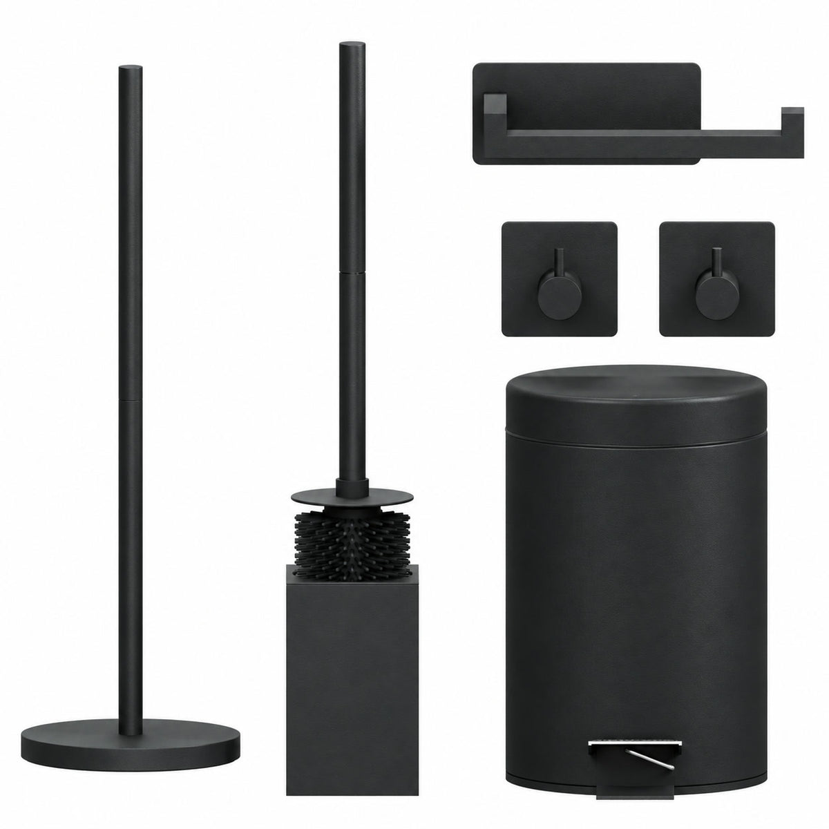 5-Delige Zwarte Vierkante Toiletset - Staande Toiletrolhouder voor 5 Rollen & Extra Dunne Zelfklevende Toiletrolhouder - Toiletborstelhouder, Prullenbak & Muurhaken