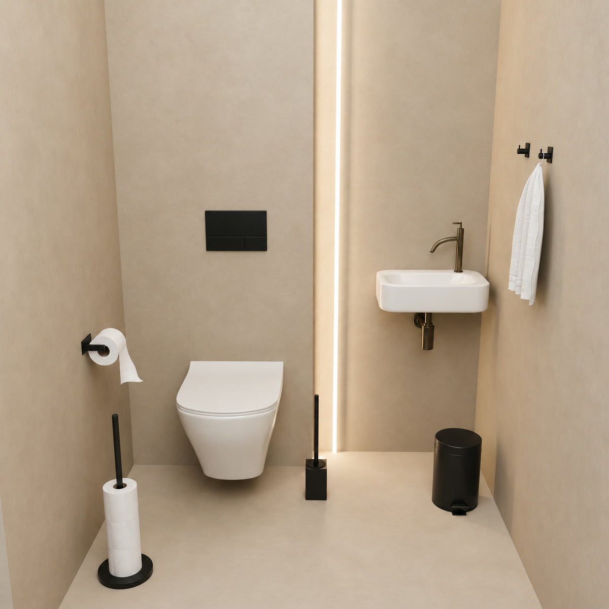 5-Delige Zwarte Vierkante Toiletset - Staande Toiletrolhouder voor 5 Rollen & Extra Dunne Zelfklevende Toiletrolhouder - Toiletborstelhouder, Prullenbak & Muurhaken