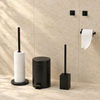 5-Delige Zwarte Vierkante Toiletset - Staande Toiletrolhouder voor 5 Rollen & Extra Dunne Zelfklevende Toiletrolhouder - Toiletborstelhouder, Prullenbak & Muurhaken