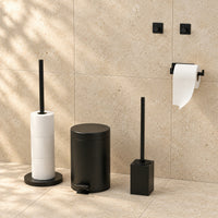 5-Delige Zwarte Vierkante Toiletset - Staande Toiletrolhouder voor 5 Rollen & Zelfklevende Toiletrolhouder - Toiletborstelhouder, Prullenbak & Muurhaken
