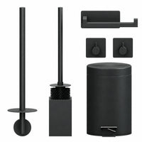 5-Delige Zwarte Vierkante Toiletset - Wandgemonteerde Toiletrolhouder voor 3 Rollen & Extra Dunne Zelfklevende Toiletrolhouder - Toiletborstelhouder, Prullenbak & Muurhaken