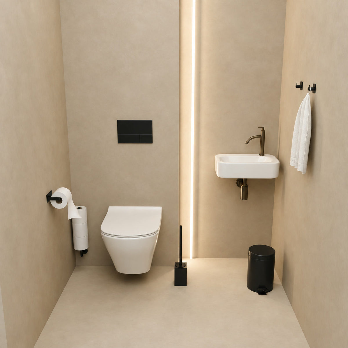 5-Delige Zwarte Vierkante Toiletset - Wandgemonteerde Toiletrolhouder voor 3 Rollen & Extra Dunne Zelfklevende Toiletrolhouder - Toiletborstelhouder, Prullenbak & Muurhaken