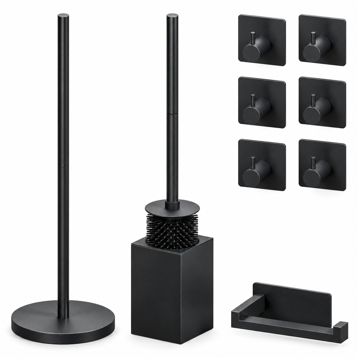 4-Piece Black Toilet Set - Standing Toilet Roll Holder for 5 Extra Rolls & Hanging Toilet Roll Holder - Toilet Brush Holder & Wall Hooks
