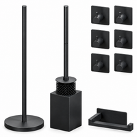4-Piece Black Toilet Set - Standing Toilet Roll Holder for 5 Extra Rolls & Hanging Toilet Roll Holder - Toilet Brush Holder & Wall Hooks