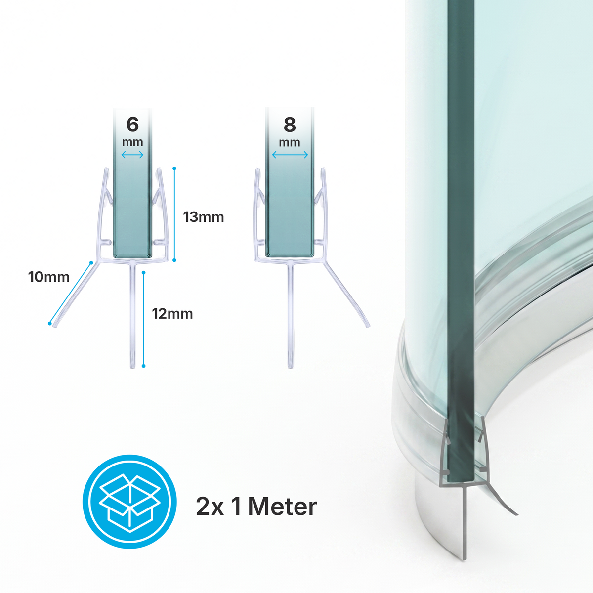 Gebogene Duschdichtung mit Wasserabweiser, 2 × 1 m, für 6–8 mm Glas