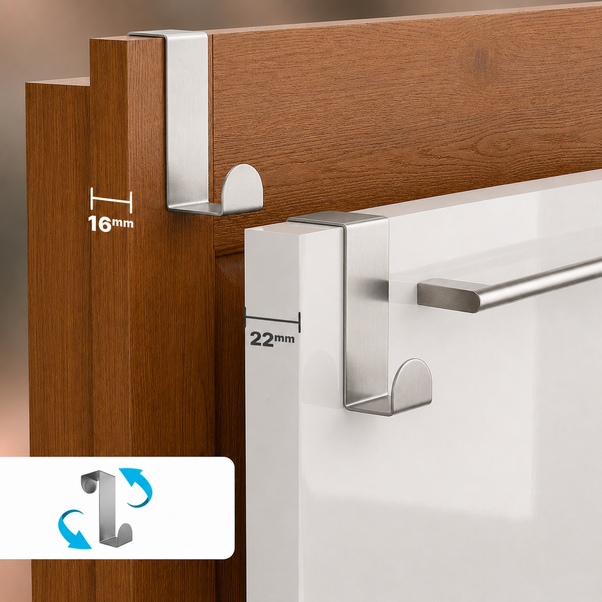 Türhaken aus Edelstahl für 1,6 und 2,2 cm Türen, 4er-Set, mit Schutzpads