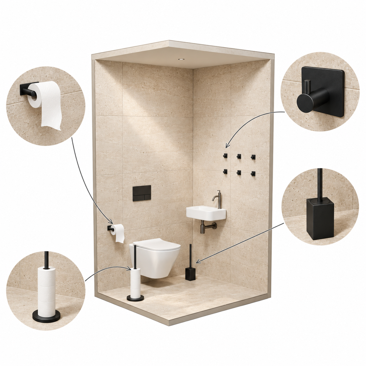 4-Piece Black Toilet Set - Standing Toilet Roll Holder for 5 Extra Rolls & Hanging Toilet Roll Holder - Toilet Brush Holder & Wall Hooks
