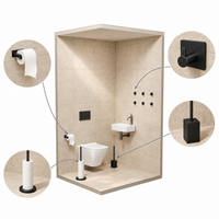 4-Piece Black Toilet Set - Standing Toilet Roll Holder for 5 Extra Rolls & Hanging Toilet Roll Holder - Toilet Brush Holder & Wall Hooks